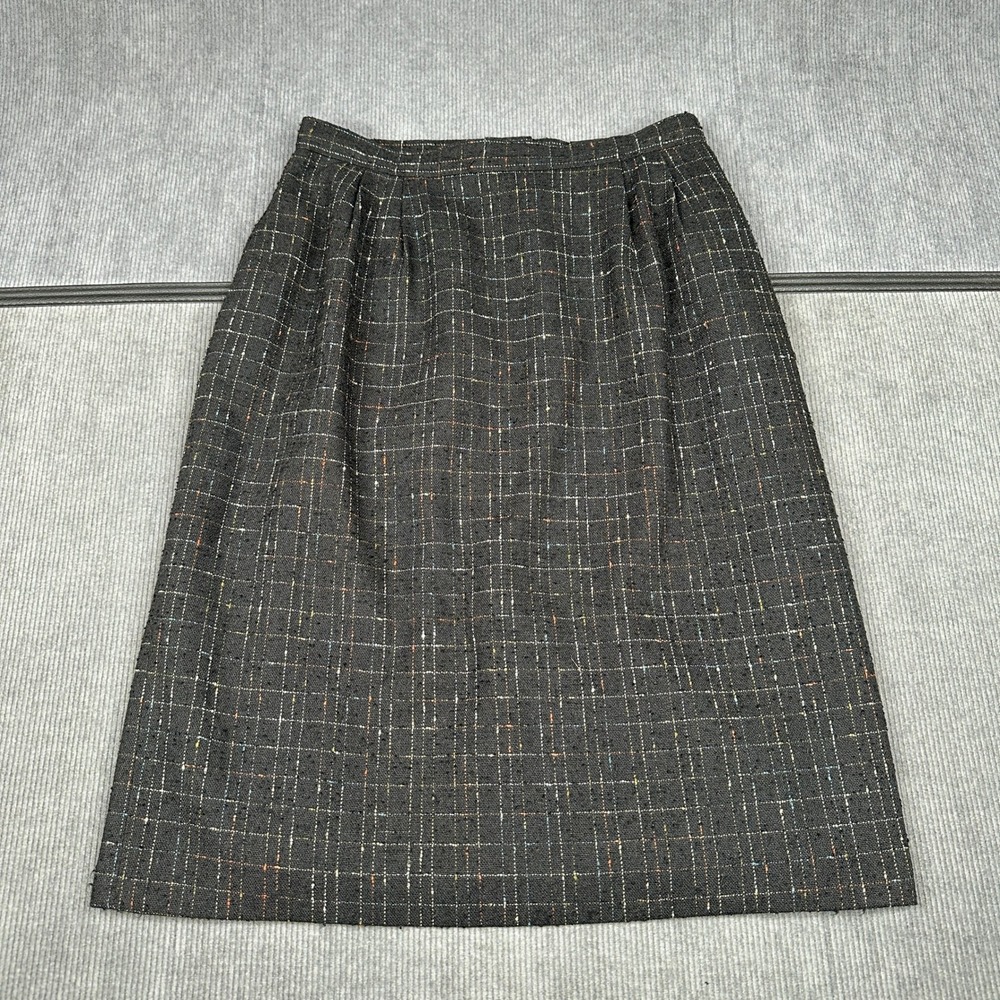 Vintage Wool Blend Plaid Pencil Skirt Y2k Black Multi Color Tweed Midi Size 10